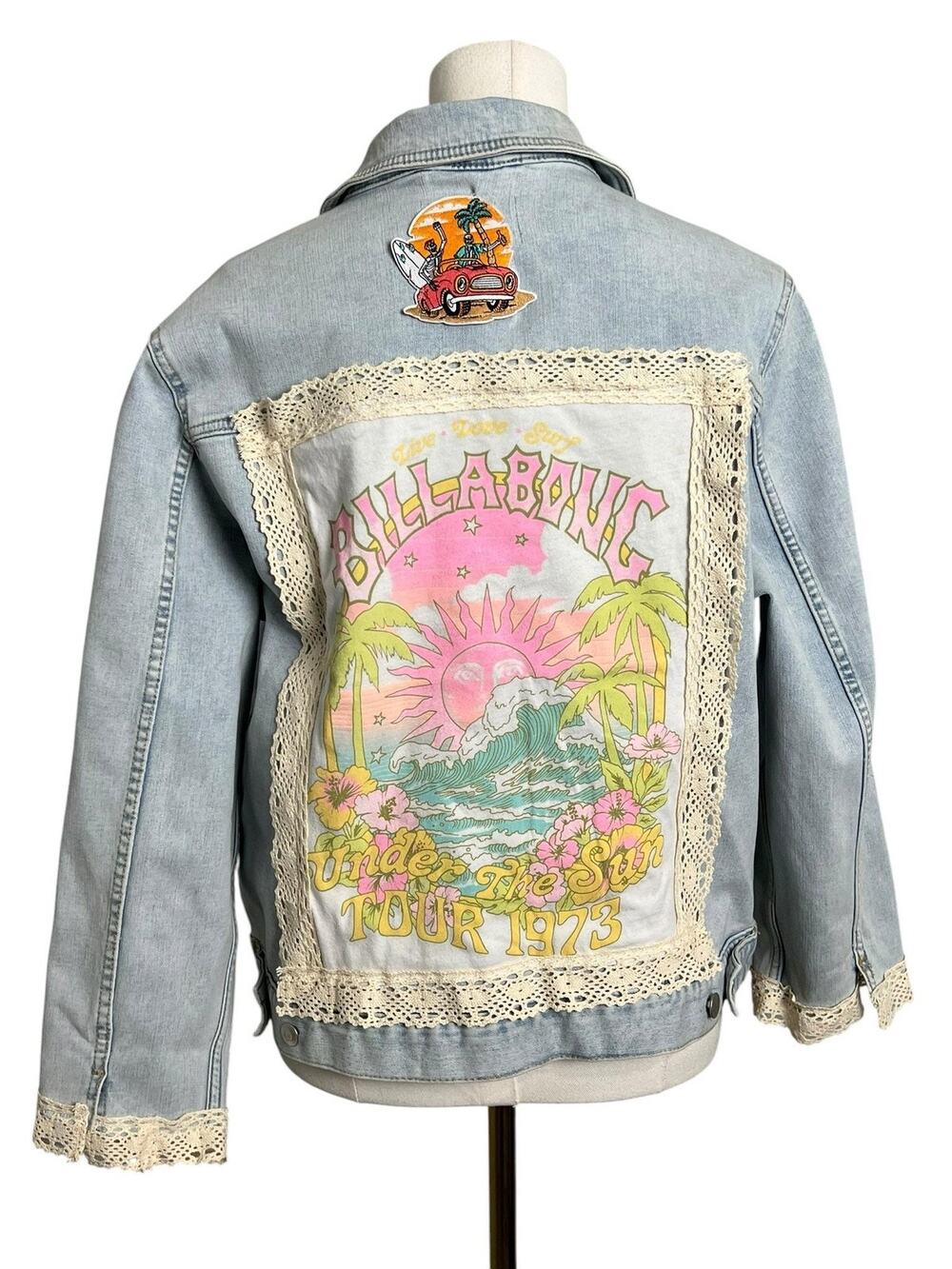OOAK Upcycled Billabong Denim Jacket Womens XL Surf Boho Lace Patchwork